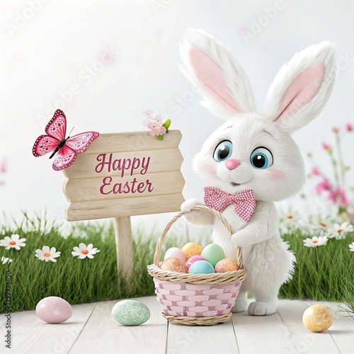 Adorable Easter Bunny with Eggs and Sign: Cute Cartoon Illustration, Spring Holiday Image, Pastel Colors, Happy Easter Greeting
