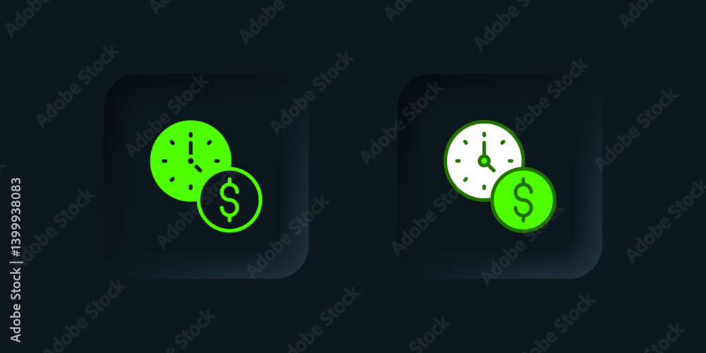 Green Time is money icon isolated on black background. Money is time. Effective time management. Convert time to money. Black square button. Vector Green Time is money icon isolated on black background. Money is time. Effective time management. Convert time to money. Black square button. Vector
