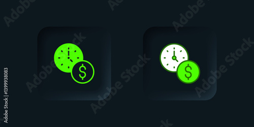 Green Time is money icon isolated on black background. Money is time. Effective time management. Convert time to money. Black square button. Vector