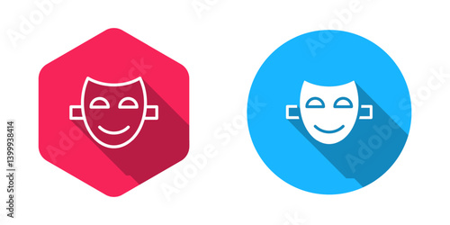Filled and outline Comedy theatrical mask icon isolated with long shadow background. Vector