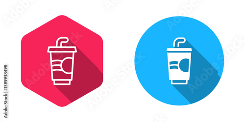 Filled and outline Paper glass with drinking straw and water icon isolated with long shadow background. Soda drink glass. Fresh cold beverage symbol. Vector