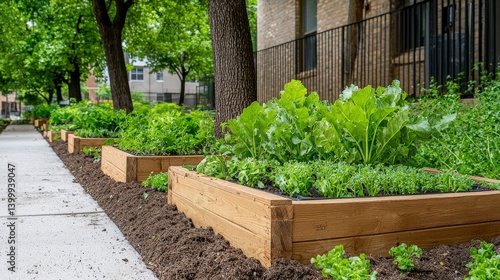 Urban Garden Oasis: A flourishing urban garden scene featuring neatly arranged wooden planters brimming with fresh vegetables, nestled beside a pathway, offering a touch of nature in the city. 