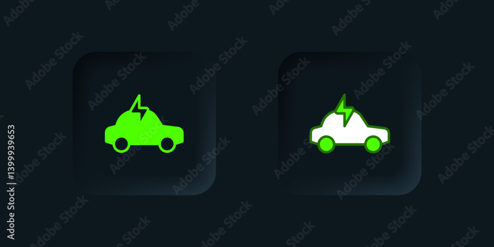 Green Electric car and electrical cable plug charging icon isolated on black background. Renewable eco technologies. Black square button. Vector Green Electric car and electrical cable plug charging icon isolated on black background. Renewable eco technologies. Black square button. Vector