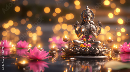 beautifully detailed silver statue of the goddess Lakshmi, adorned with intricate garlands of flowers and pearls, seated peacefully on a lotus flower.