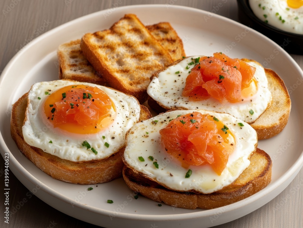 Delicious breakfast with fried eggs salmon and toast on a white plate a culinary delight showcasing food photography and tasty cuisine Delicious breakfast with fried eggs salmon and toast on a white plate a culinary delight showcasing food photography and tasty cuisine