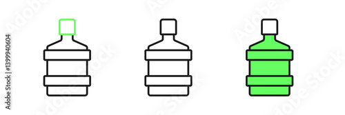 Set line Big bottle with clean water icon isolated on white background. Plastic container for the cooler. Vector