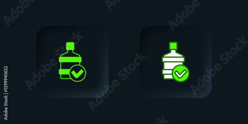 Green Big bottle with clean water icon isolated on black background. Plastic container for the cooler. Black square button. Vector
