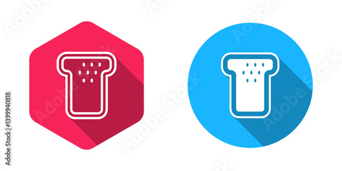 Filled and outline Bread toast for sandwich piece of roasted crouton icon isolated with long shadow background. Lunch, dinner, breakfast snack. Vector