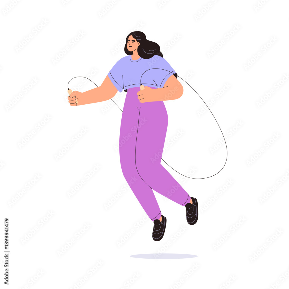 Fototapeta premium Woman exercising with skipping rope. Female jumping, doing sports, cardio workout, endurance training. Active athletic character in sportswear. Flat vector illustration isolated on white background