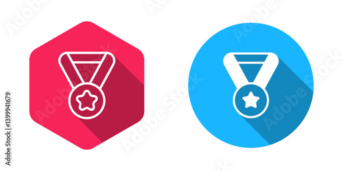 Filled and outline Medal icon isolated with long shadow background. Winner symbol. Vector