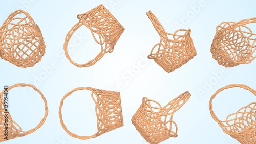 Wicker Baskets Falling on a Light Blue Background. Wicker Easter Basket 3D. 4K