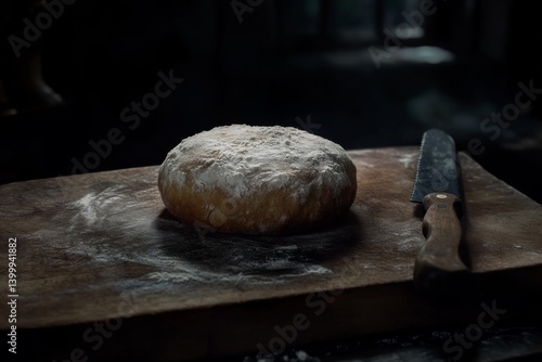 Freshly baked sourdough bread with knife in moody kitchen light