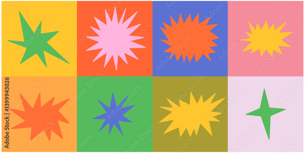 Set of cute and colorful starburst shapes. Cute collection of stars and sparkle doodle.
Set of cute and colorful starburst shapes. Cute collection of stars and sparkle doodle.