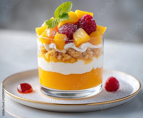  Parfait with mango purée, whipped cream, cookie crumbs, fruit and sauce, served in clear glass on white base with gold plate detail.