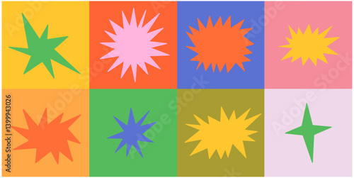 Set of cute and colorful starburst shapes. Cute collection of stars and sparkle doodle.
