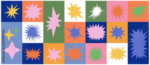Set of cute and colorful starburst shapes. Cute collection of stars and sparkle doodle.
