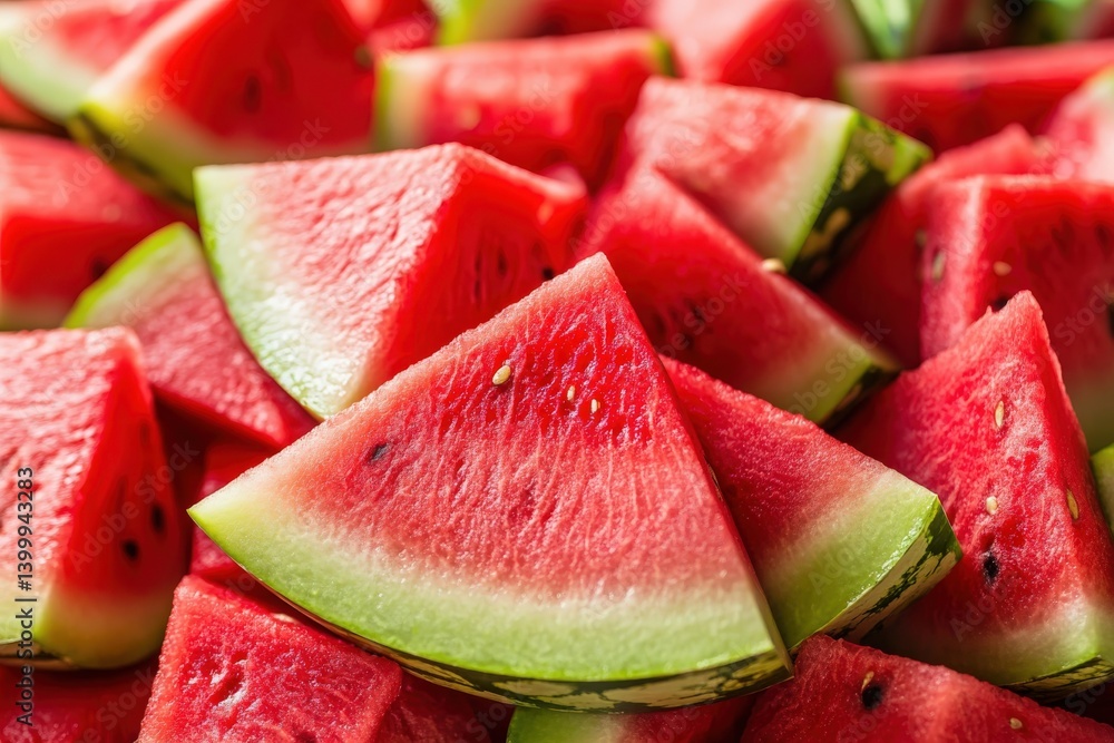 Watermelon slices are stacked on top of each other on a table Watermelon slices are stacked on top of each other on a table