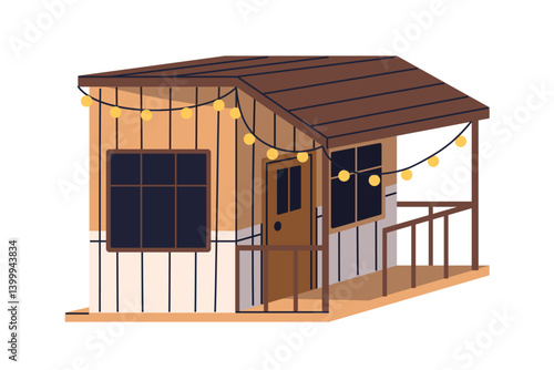 House with terrace. Home, wooden country hut. Cozy wood cabin, little cottage...