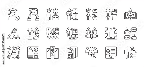 Business employee coaching icons. Business education icon set. Contains symbol of management, training, mentoring, expert, qualification, qualified worker, learning, selection. Vector illustration