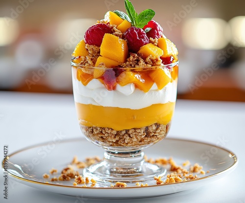  Parfait with mango purée, whipped cream, cookie crumbs, fruit and sauce, served in clear glass on white base with gold plate detail.