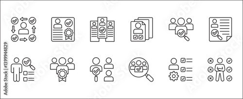 Business employee selection icon set. Professional worker qualification icons. Contains symbol of management, lecture, mentoring, expert, qualified worker, learning, selection. Vector illustration