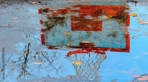 Reflections of a basketball hoop in a large puddle after a heavy rainstorm