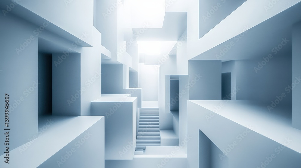 Fototapeta premium Abstract architectural space with white geometric structures and soft lighting creating depth