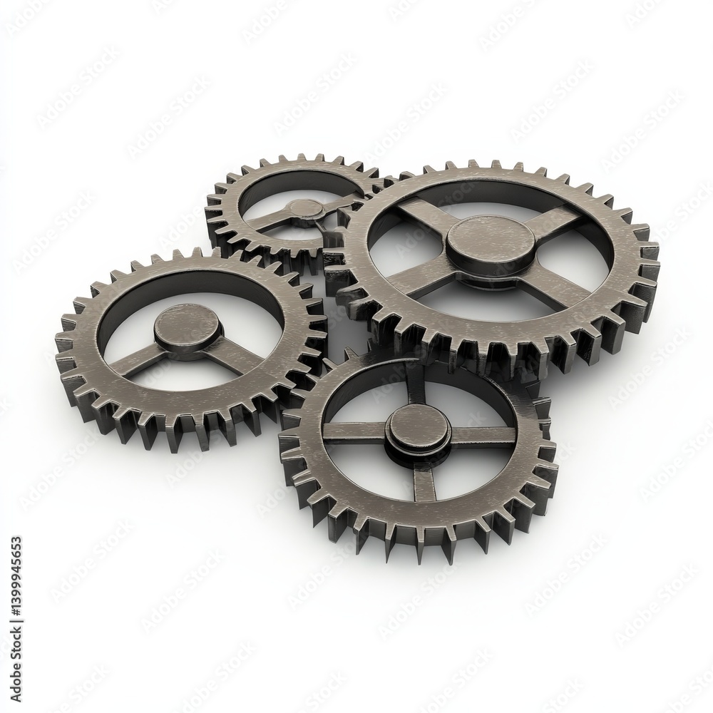 Three metal gears are connected on a white background Three metal gears are connected on a white background