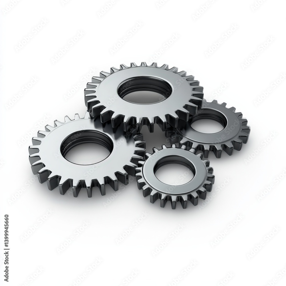 Three metal gears are connected on a white background Three metal gears are connected on a white background