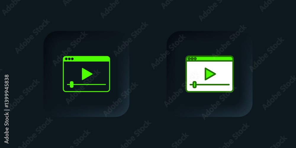 Green Online play video icon isolated on black background. Film strip with play sign. Black square button. Vector Green Online play video icon isolated on black background. Film strip with play sign. Black square button. Vector
