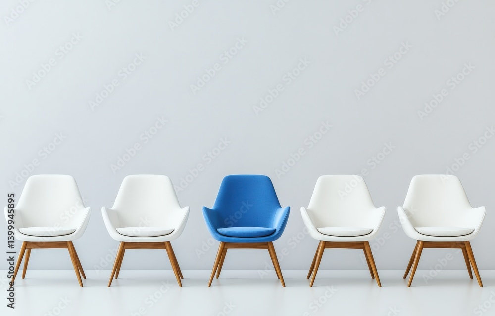 Obraz premium A blue chair sits prominently among white chairs in a row