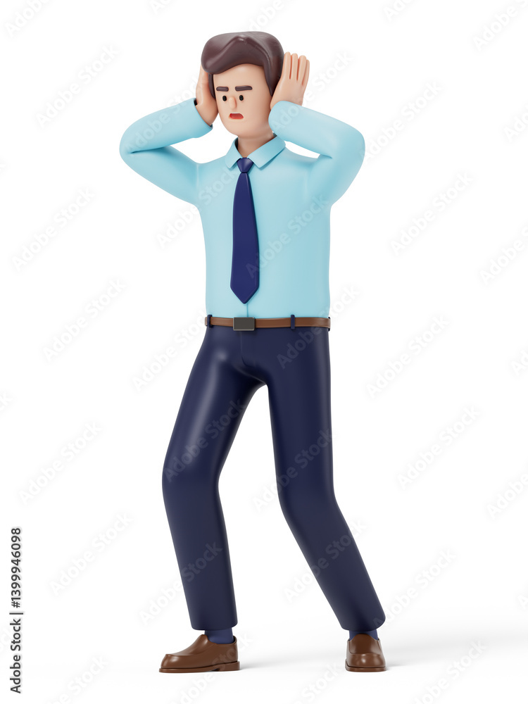 A man with hands on head, symbolizing stress or exasperation. 3D rendering, conceptual image. Isolated on white background. A man with hands on head, symbolizing stress or exasperation. 3D rendering, conceptual image. Isolated on white background.