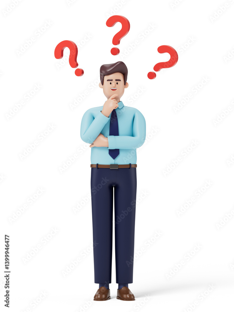 A man thinks, surrounded by floating question marks, symbolizing uncertainty or decision-making. 3D rendering, conceptual image. Isolated on white background.