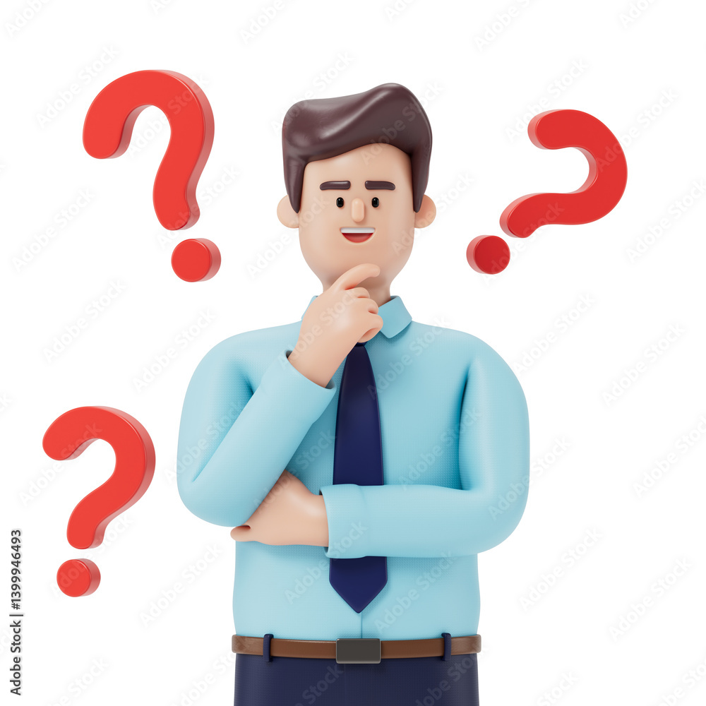 A man thinks, surrounded by floating question marks, symbolizing uncertainty or decision-making. 3D rendering, conceptual image. Isolated on white background. A man thinks, surrounded by floating question marks, symbolizing uncertainty or decision-making. 3D rendering, conceptual image. Isolated on white background.