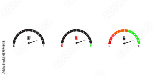 Gas meter fuel indicator. Full set of gauge vector tank icons. Car petrol dashboard. For your website, logo, app, UI design. Vector illustration, isolated on white background.