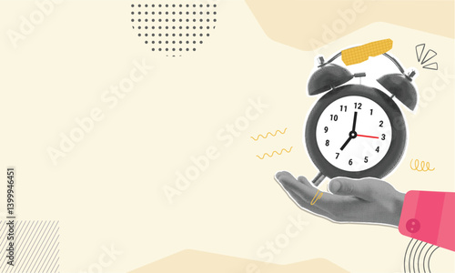 Trendy halftone collage. A hand holds a ringing alarm clock
