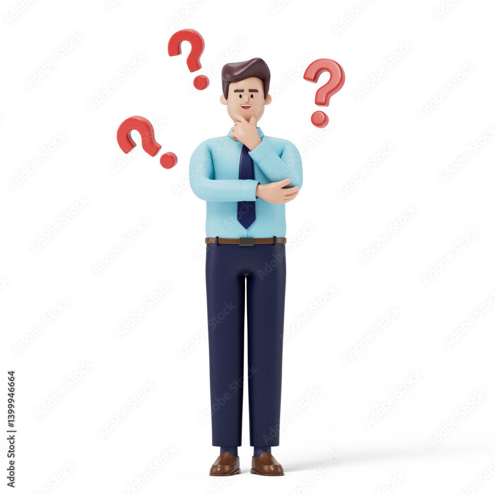 A man thinks, surrounded by floating question marks, symbolizing uncertainty or decision-making. 3D rendering, conceptual image. Isolated on white background. A man thinks, surrounded by floating question marks, symbolizing uncertainty or decision-making. 3D rendering, conceptual image. Isolated on white background.
