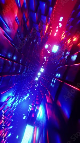 Flying through a futuristic tunnel with neon lights. Vertical looped video 002