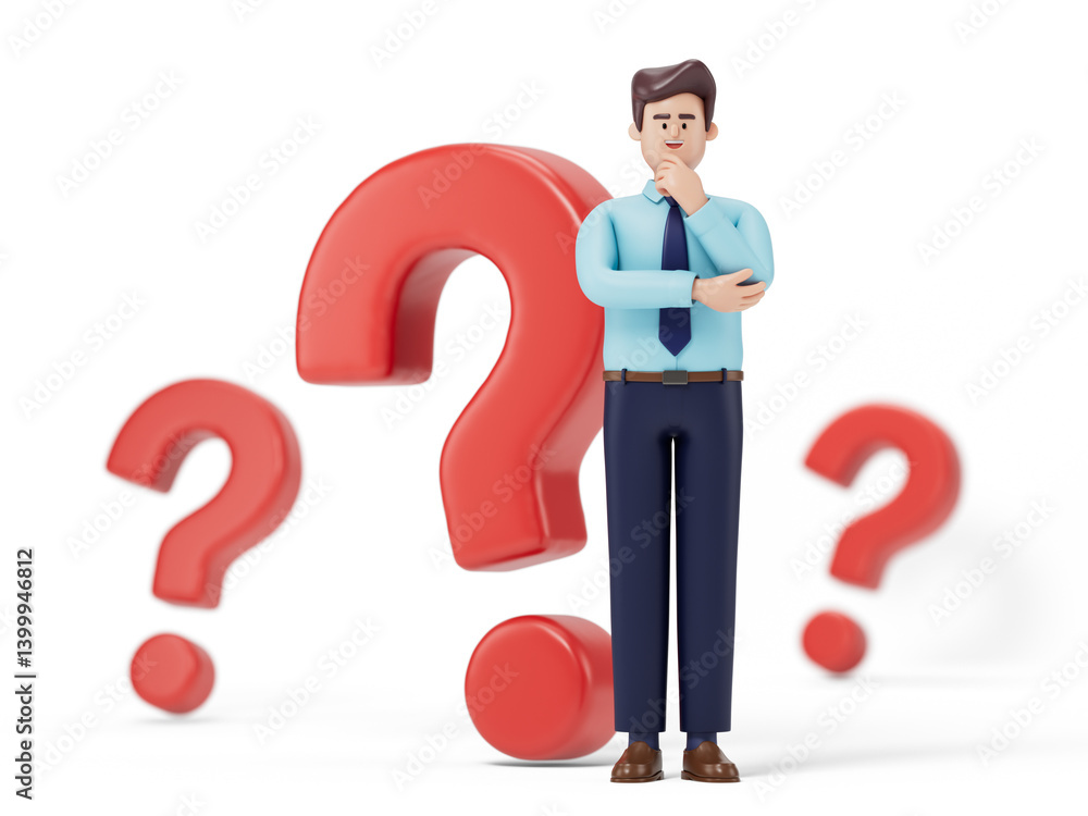 A man ponders, surrounded by question marks, symbolizing confusion or seeking answers. 3D rendering, conceptual image. Isolated on white background. A man ponders, surrounded by question marks, symbolizing confusion or seeking answers. 3D rendering, conceptual image. Isolated on white background.