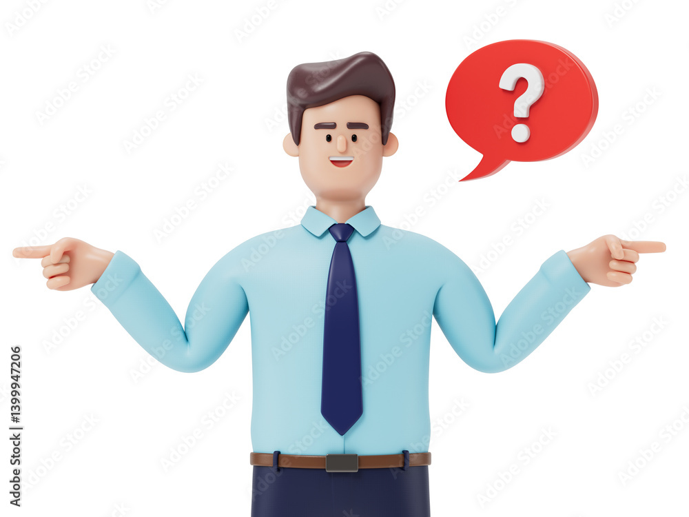 A man shrugs with a question mark above his head, symbolizing uncertainty or confusion. 3D rendering, conceptual image. Isolated on white background. A man shrugs with a question mark above his head, symbolizing uncertainty or confusion. 3D rendering, conceptual image. Isolated on white background.