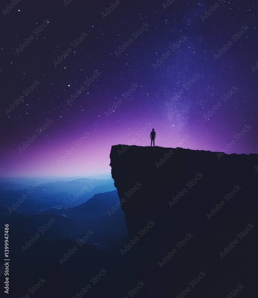 A man stands on a mountain, gazing at the Milky Way galaxy A man stands on a mountain, gazing at the Milky Way galaxy