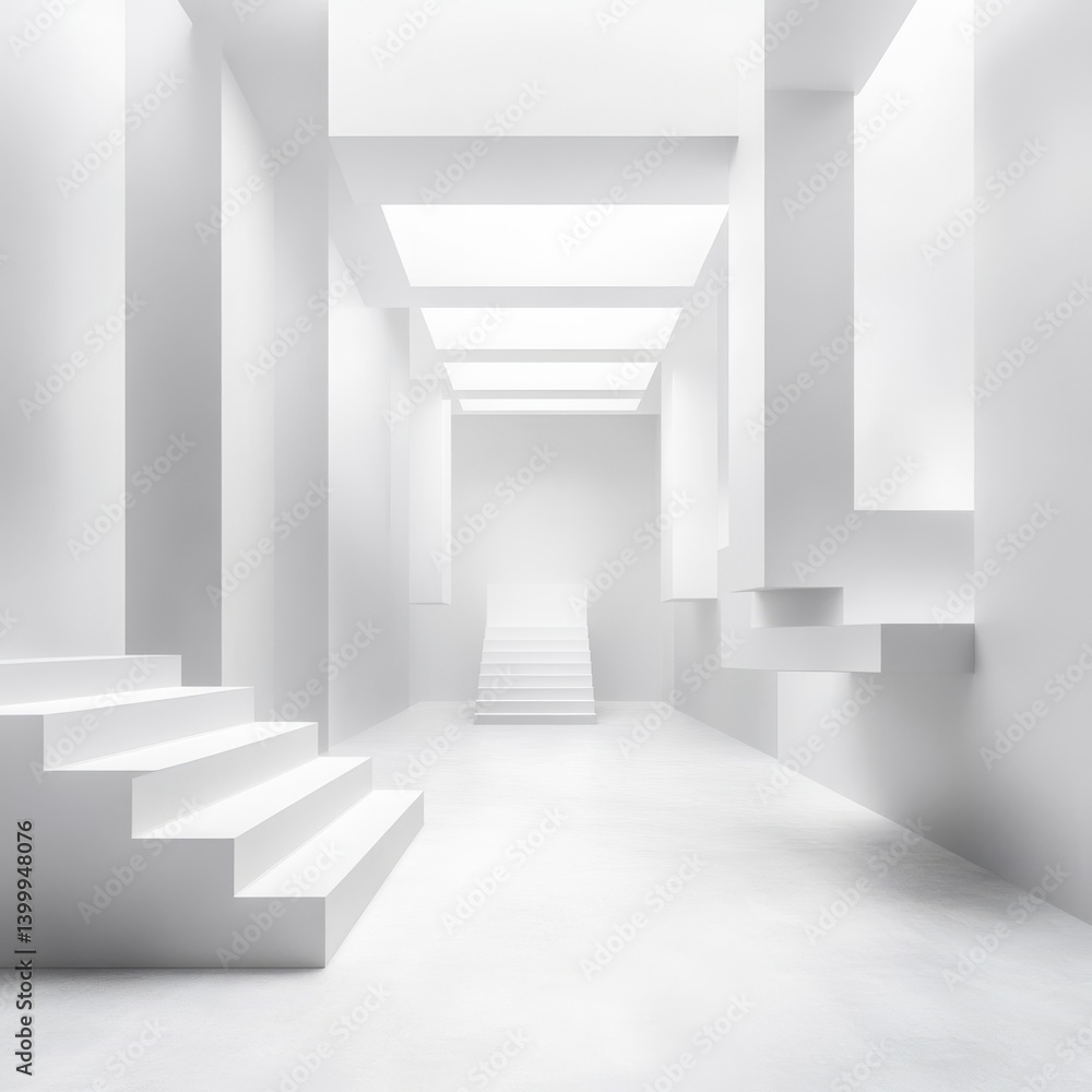 Pristine White Abstract Corridor with Multiple Staircases and Light Pristine White Abstract Corridor with Multiple Staircases and Light
