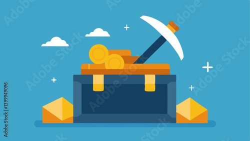 Mining Rewards Coins being poured from a digital pickaxe into a treasure box representing the rewards earned from successful mining operations.