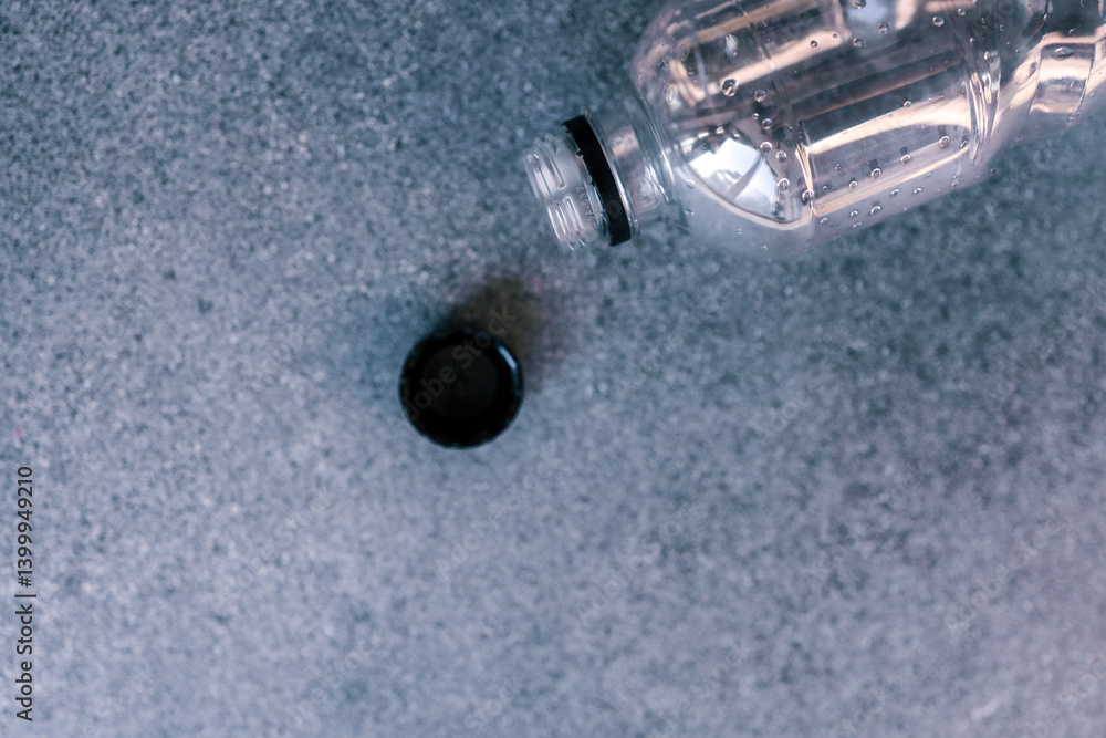 Empty plastic bottle with cap off on a gray stone background. Concept of plastic pollution, recycling, and environmental impact of disposable packaging Empty plastic bottle with cap off on a gray stone background. Concept of plastic pollution, recycling, and environmental impact of disposable packaging