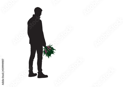 Sad Man Silhouette Holding Flowers Vector for Love, Loss, and Emotional Art