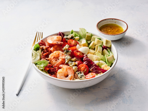 Colorful and appetizing seafood salad features plump shrimp, cherry tomatoes, crisp lettuce, and creamy avocado. A drizzle of zesty dressing completes this delightful dish