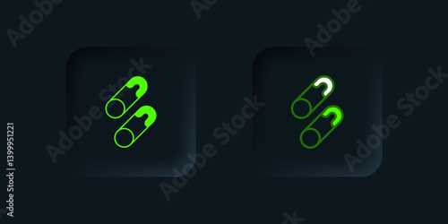 Green Classic closed steel safety pin icon isolated on black background. Black square button. Vector