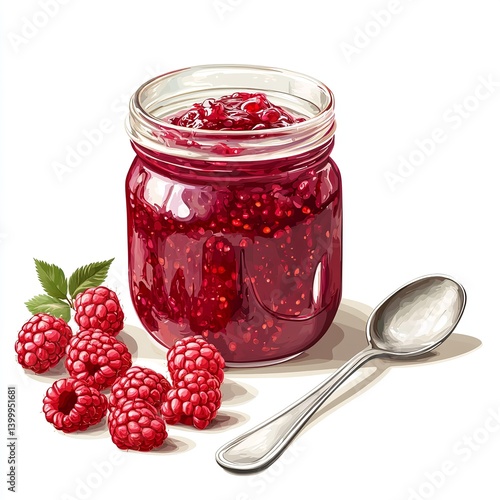 Photo of Raspberry Jam in Glass Jar with Spoon and Fresh Berries – Realistic Preserves Clipart