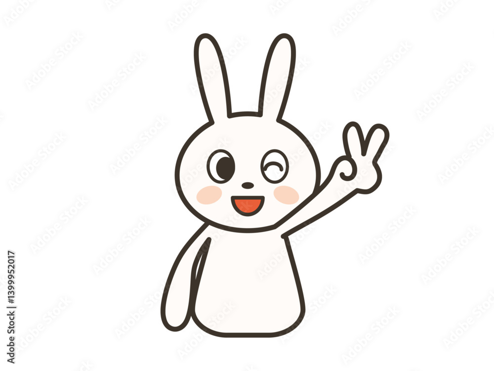 笑顔でピースサインをするかわいいうさぎの上半身イラスト 笑顔でピースサインをするかわいいうさぎの上半身イラスト