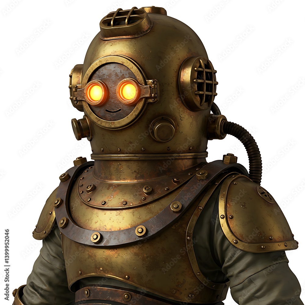 Fototapeta premium A charming steampunk diver robot, ready for underwater exploration, with glowing eyes and intricate brass details.